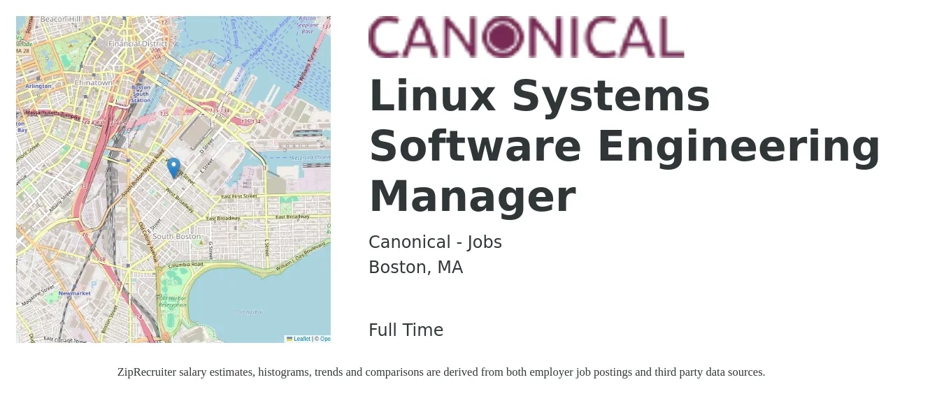 Canonical - Jobs job posting for a Linux Systems Software Engineering Manager in Boston, MA with a salary of $187,900 Yearly with a map of Boston location.
