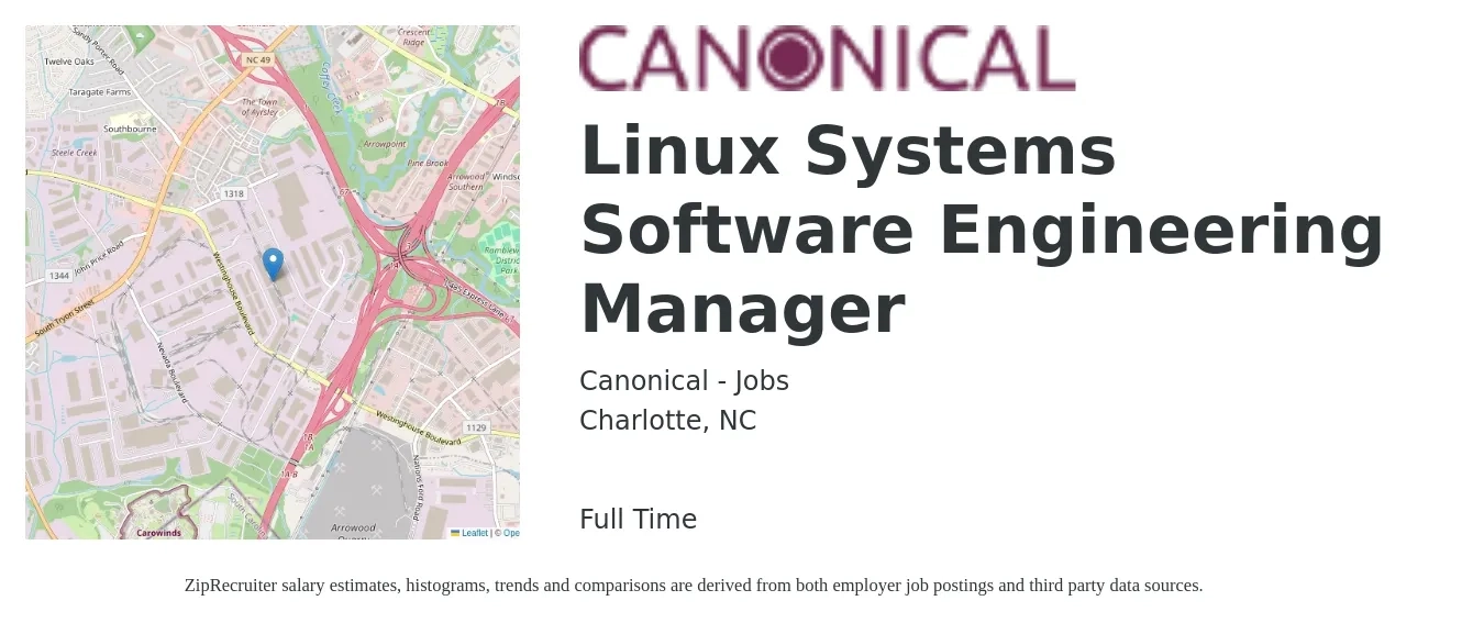 Canonical - Jobs job posting for a Linux Systems Software Engineering Manager in Charlotte, NC with a salary of $169,000 Yearly with a map of Charlotte location.