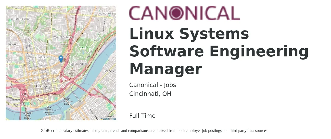 Canonical - Jobs job posting for a Linux Systems Software Engineering Manager in Cincinnati, OH with a salary of $166,000 Yearly with a map of Cincinnati location.