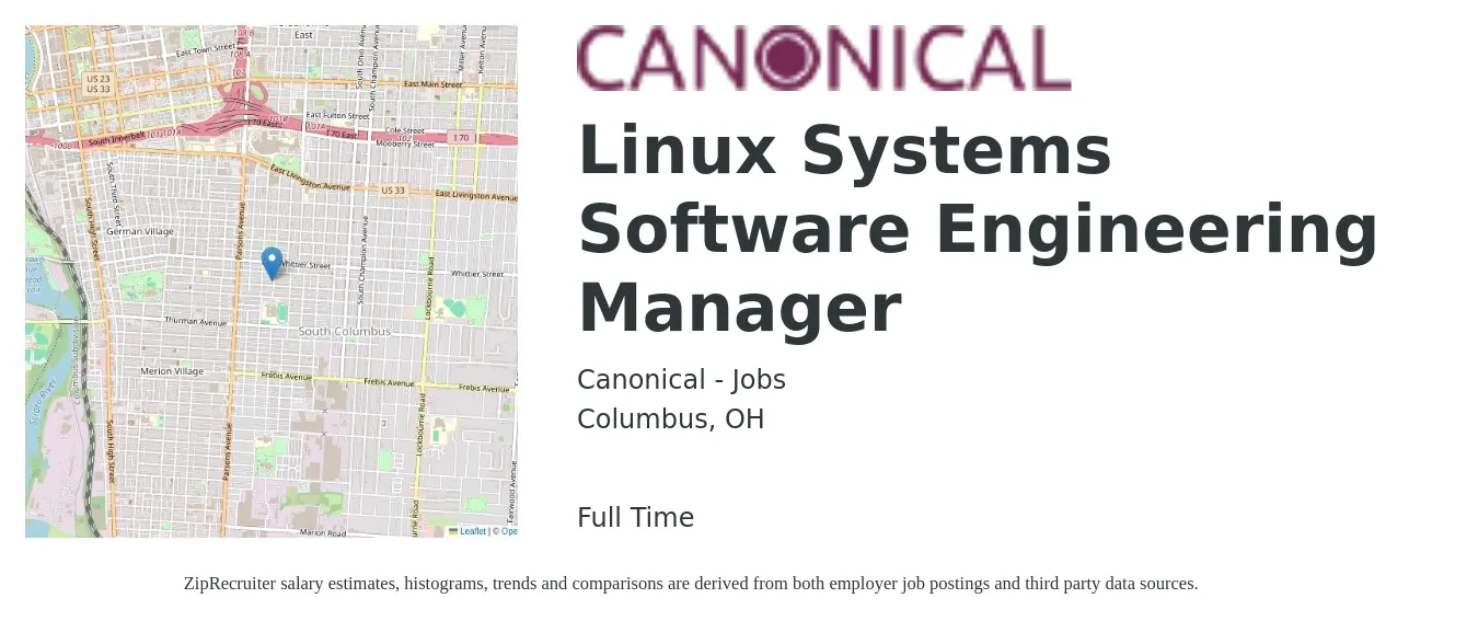 Canonical - Jobs job posting for a Linux Systems Software Engineering Manager in Columbus, OH with a salary of $167,100 Yearly with a map of Columbus location.