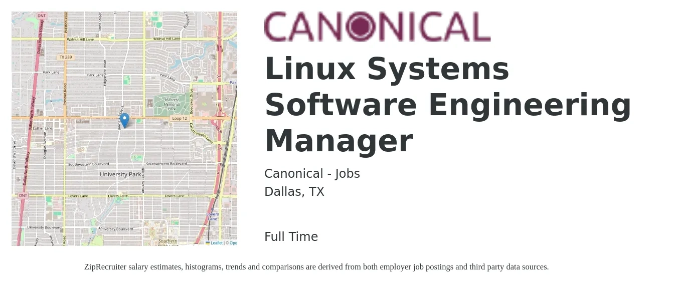 Canonical - Jobs job posting for a Linux Systems Software Engineering Manager in Dallas, TX with a salary of $171,100 Yearly with a map of Dallas location.