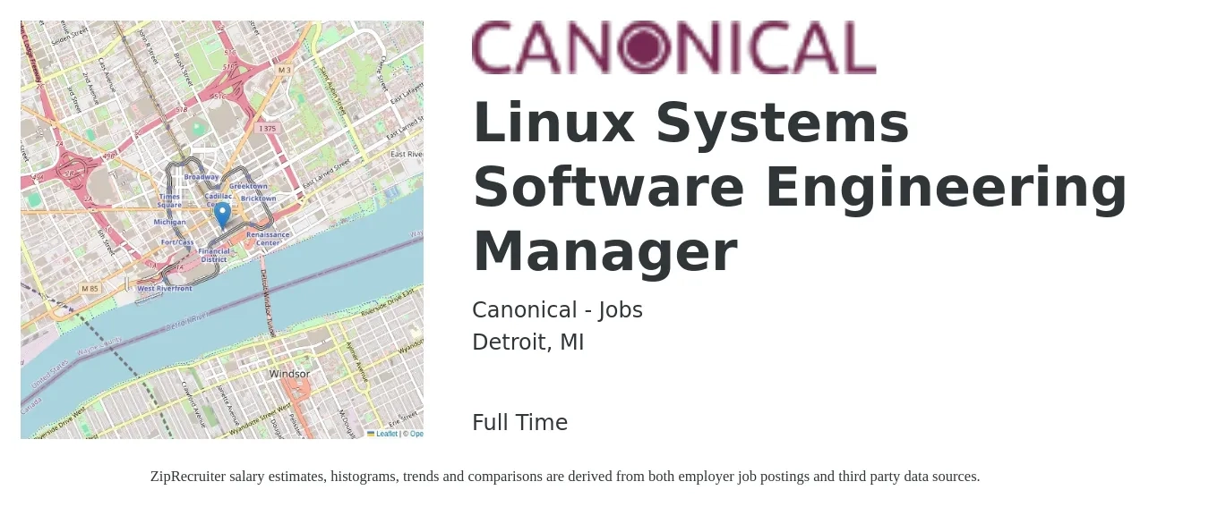 Canonical - Jobs job posting for a Linux Systems Software Engineering Manager in Detroit, MI with a salary of $171,300 Yearly with a map of Detroit location.