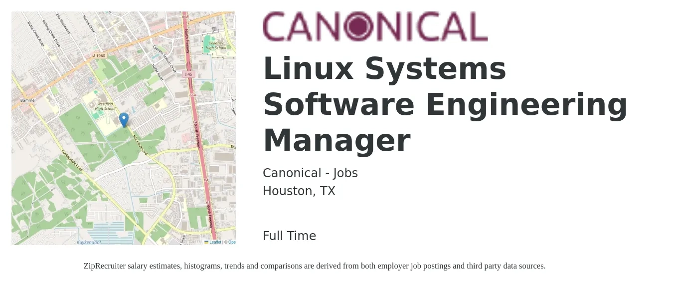Canonical - Jobs job posting for a Linux Systems Software Engineering Manager in Houston, TX with a salary of $165,200 Yearly with a map of Houston location.