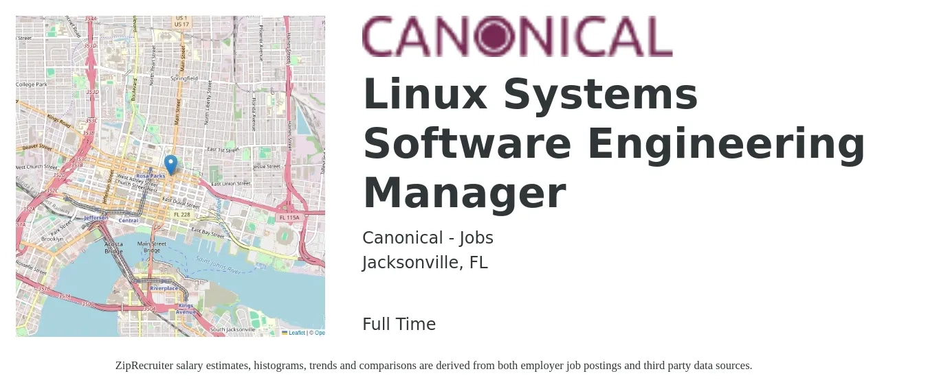 Canonical - Jobs job posting for a Linux Systems Software Engineering Manager in Jacksonville, FL with a salary of $160,300 Yearly with a map of Jacksonville location.