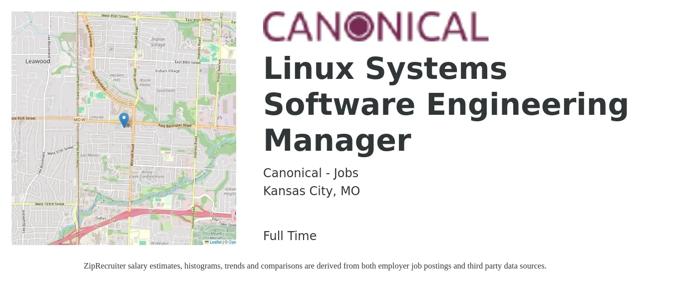 Canonical - Jobs job posting for a Linux Systems Software Engineering Manager in Kansas City, MO with a salary of $168,800 Yearly with a map of Kansas City location.