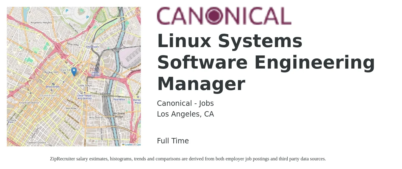 Canonical - Jobs job posting for a Linux Systems Software Engineering Manager in Los Angeles, CA with a salary of $186,400 Yearly with a map of Los Angeles location.