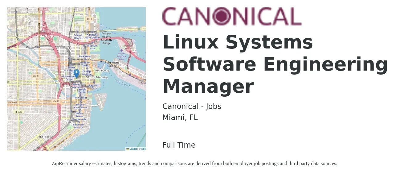 Canonical - Jobs job posting for a Linux Systems Software Engineering Manager in Miami, FL with a salary of $165,500 Yearly with a map of Miami location.