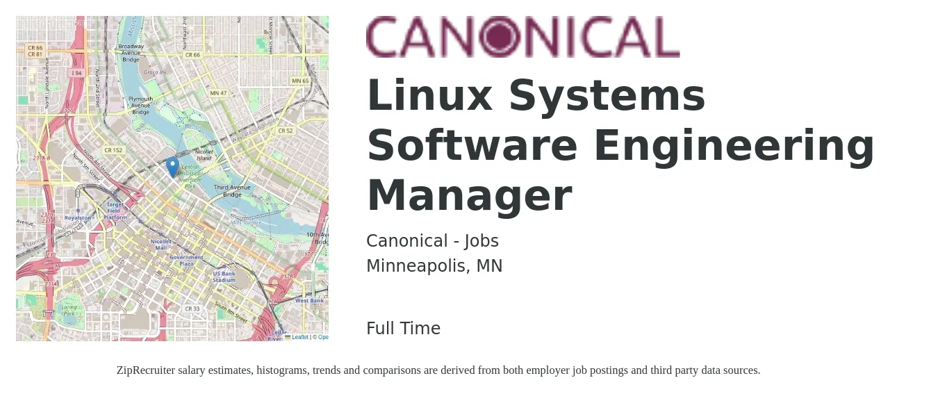 Canonical - Jobs job posting for a Linux Systems Software Engineering Manager in Minneapolis, MN with a salary of $180,600 Yearly with a map of Minneapolis location.