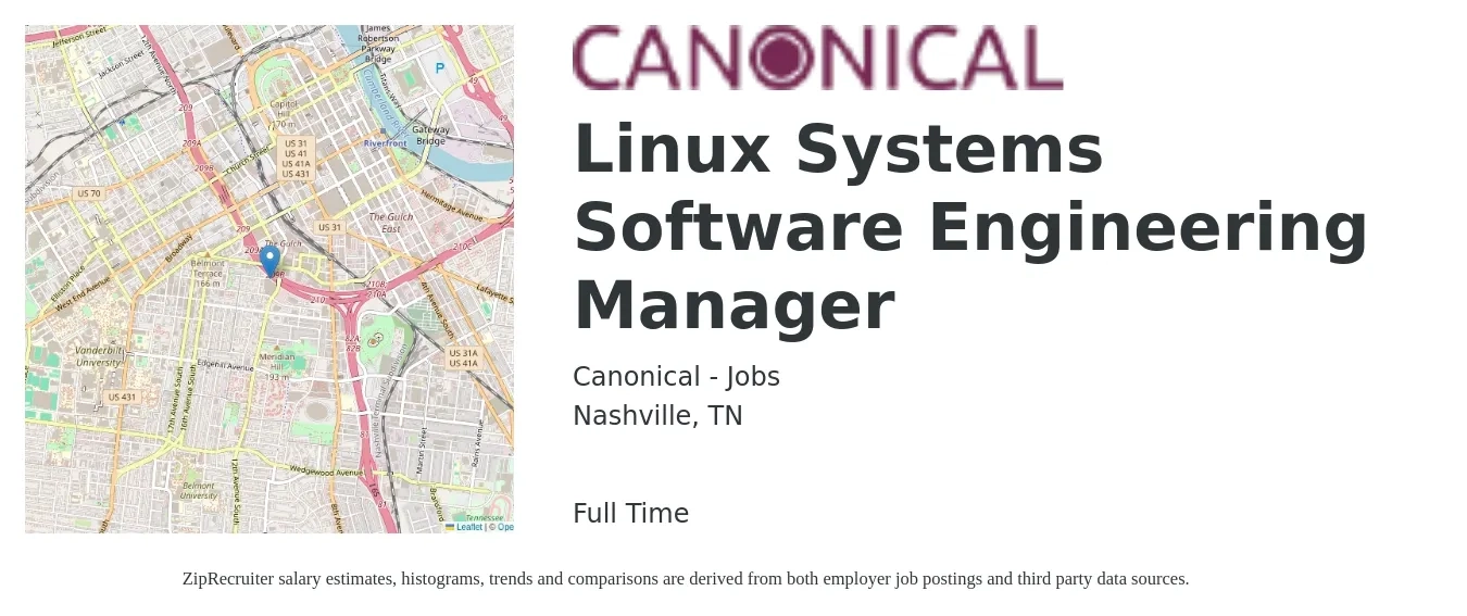 Canonical - Jobs job posting for a Linux Systems Software Engineering Manager in Nashville, TN with a salary of $167,100 Yearly with a map of Nashville location.