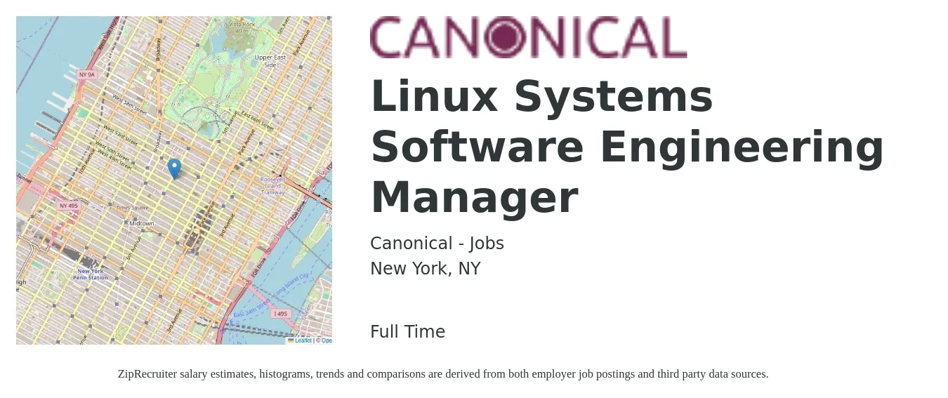 Canonical - Jobs job posting for a Linux Systems Software Engineering Manager in New York, NY with a salary of $189,300 Yearly with a map of New York location.