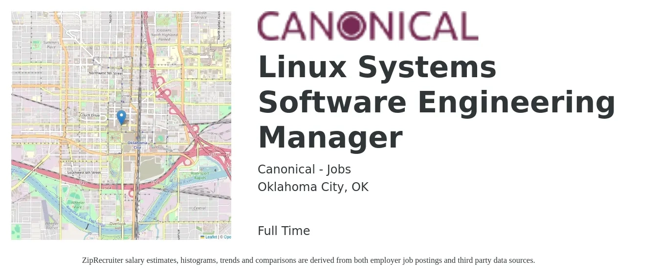 Canonical - Jobs job posting for a Linux Systems Software Engineering Manager in Oklahoma City, OK with a salary of $160,700 Yearly with a map of Oklahoma City location.