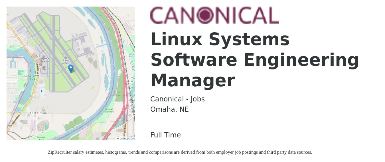 Canonical - Jobs job posting for a Linux Systems Software Engineering Manager in Omaha, NE with a salary of $165,500 Yearly with a map of Omaha location.