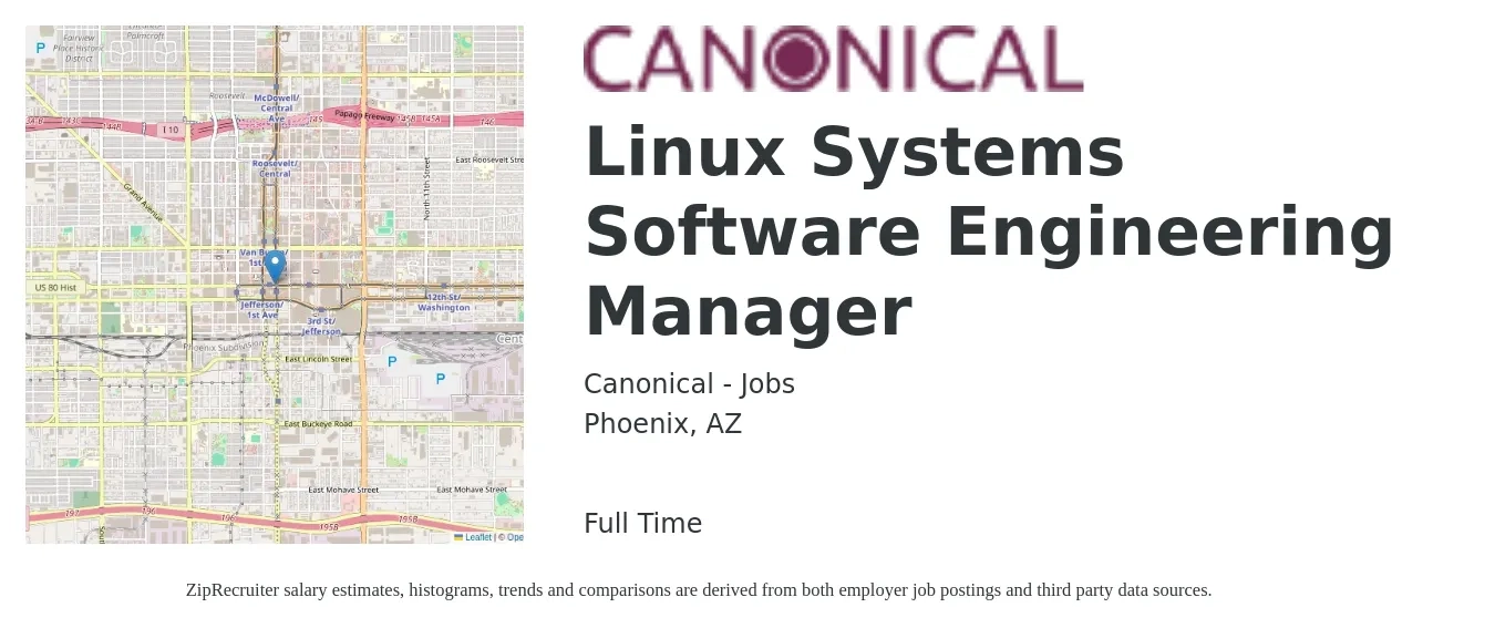 Canonical - Jobs job posting for a Linux Systems Software Engineering Manager in Phoenix, AZ with a salary of $171,800 Yearly with a map of Phoenix location.