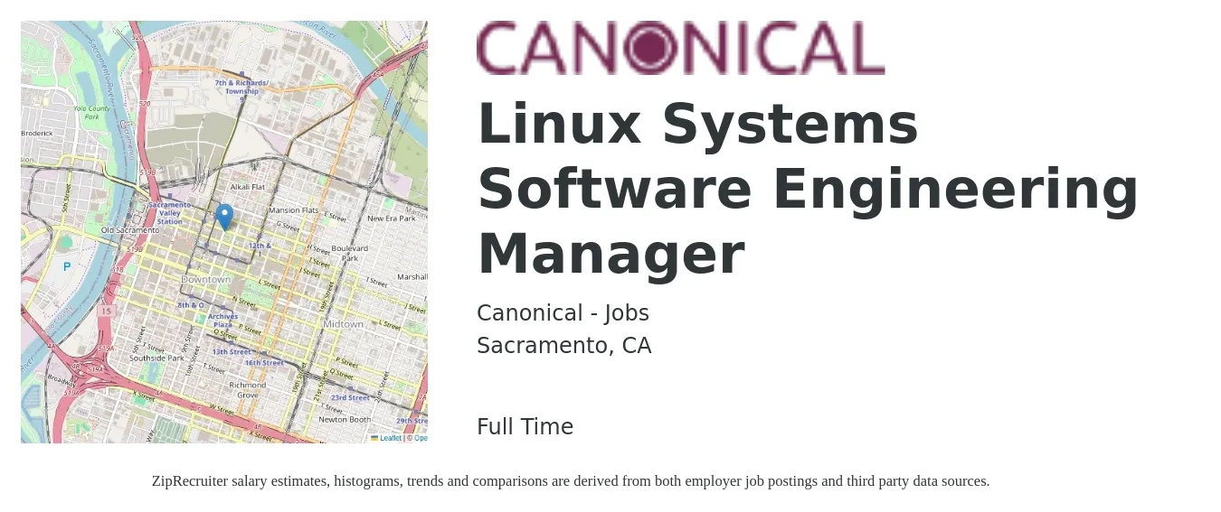 Canonical - Jobs job posting for a Linux Systems Software Engineering Manager in Sacramento, CA with a salary of $184,500 Yearly with a map of Sacramento location.
