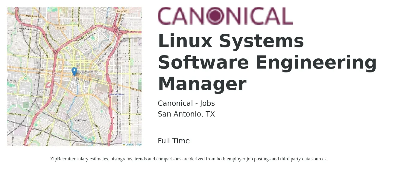 Canonical - Jobs job posting for a Linux Systems Software Engineering Manager in San Antonio, TX with a salary of $156,000 Yearly with a map of San Antonio location.