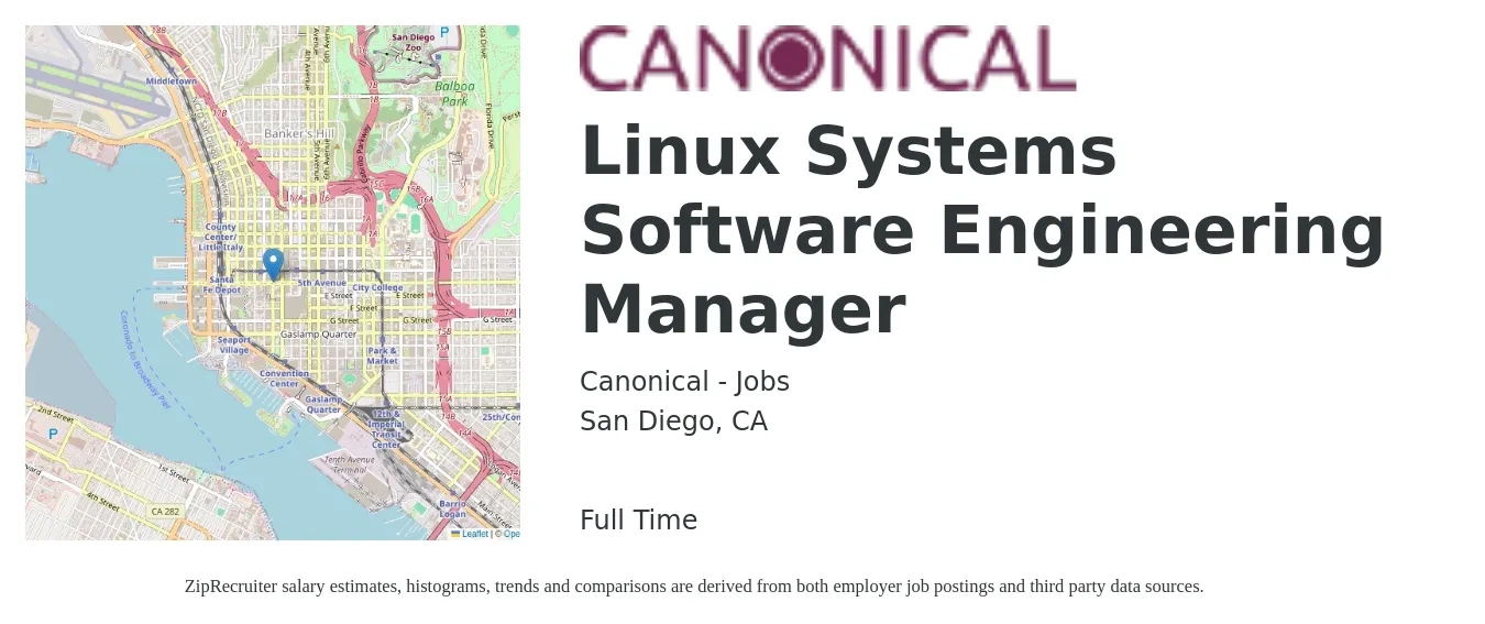 Canonical - Jobs job posting for a Linux Systems Software Engineering Manager in San Diego, CA with a salary of $183,700 Yearly with a map of San Diego location.