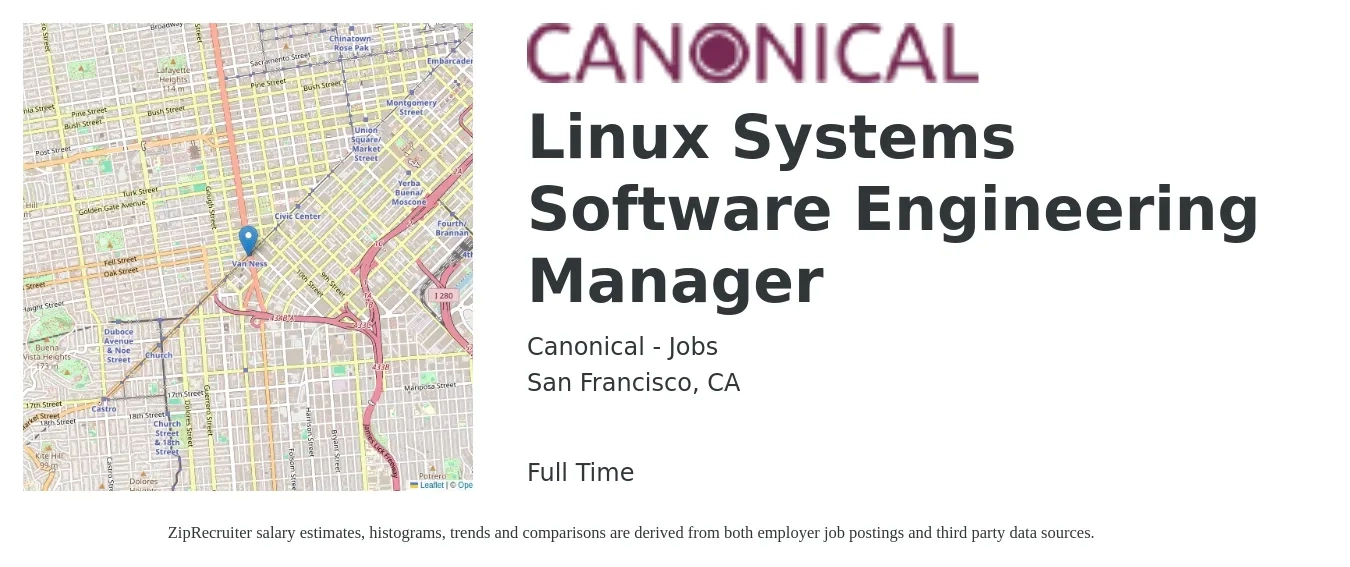 Canonical - Jobs job posting for a Linux Systems Software Engineering Manager in San Francisco, CA with a salary of $203,800 Yearly with a map of San Francisco location.