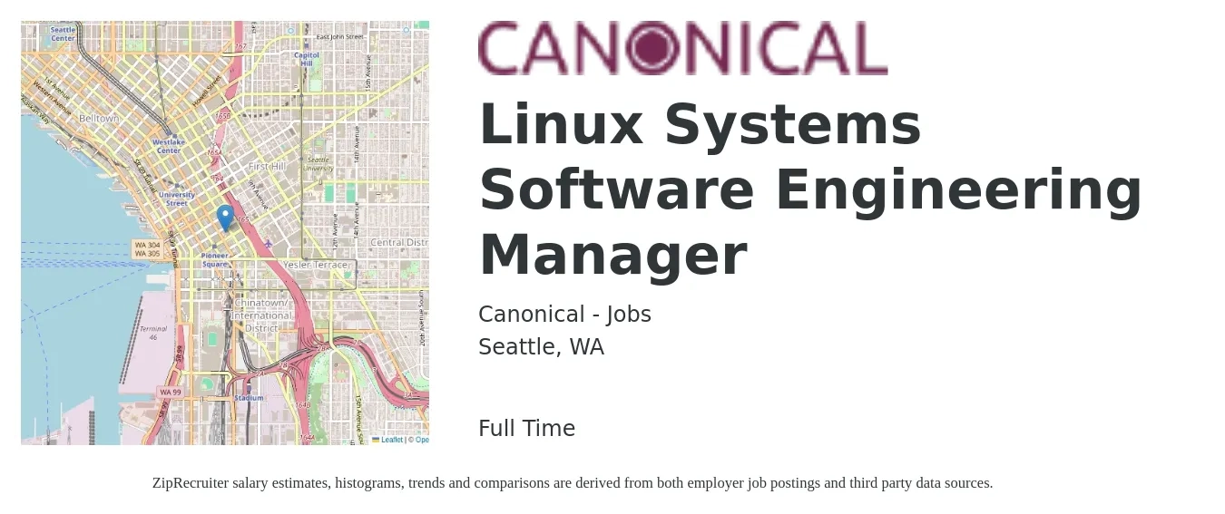 Canonical - Jobs job posting for a Linux Systems Software Engineering Manager in Seattle, WA with a salary of $196,900 Yearly with a map of Seattle location.