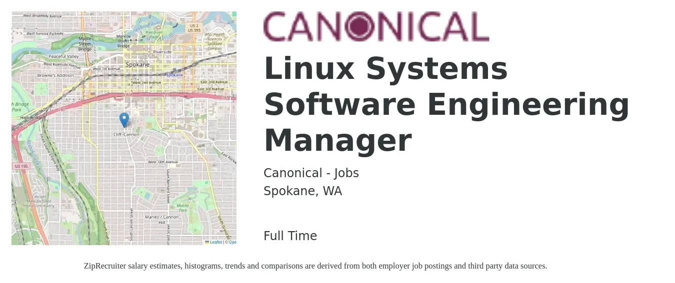 Canonical - Jobs job posting for a Linux Systems Software Engineering Manager in Spokane, WA with a salary of $174,900 Yearly with a map of Spokane location.