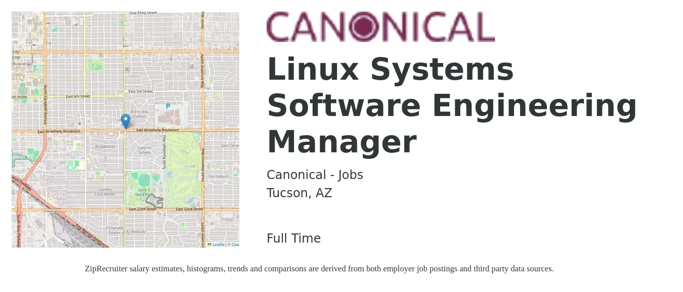 Canonical - Jobs job posting for a Linux Systems Software Engineering Manager in Tucson, AZ with a salary of $163,600 Yearly with a map of Tucson location.