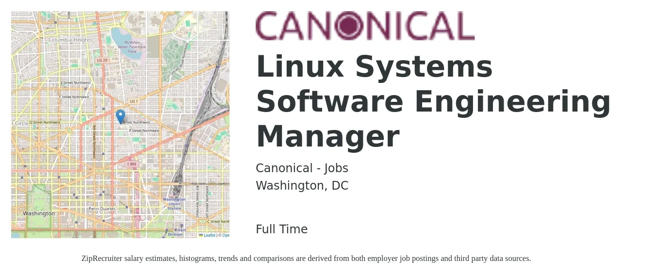 Canonical - Jobs job posting for a Linux Systems Software Engineering Manager in Washington, DC with a salary of $195,900 Yearly with a map of Washington location.