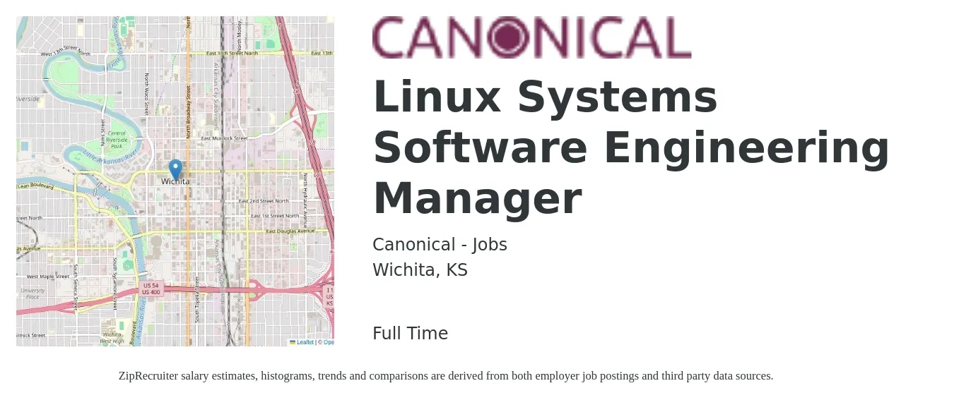 Canonical - Jobs job posting for a Linux Systems Software Engineering Manager in Wichita, KS with a salary of $154,800 Yearly with a map of Wichita location.