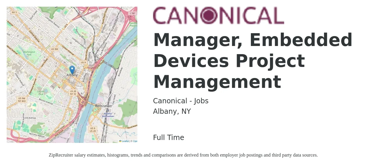 Canonical - Jobs job posting for a Manager, Embedded Devices Project Management in Albany, NY with a salary of $77,400 to $124,100 Yearly with a map of Albany location.