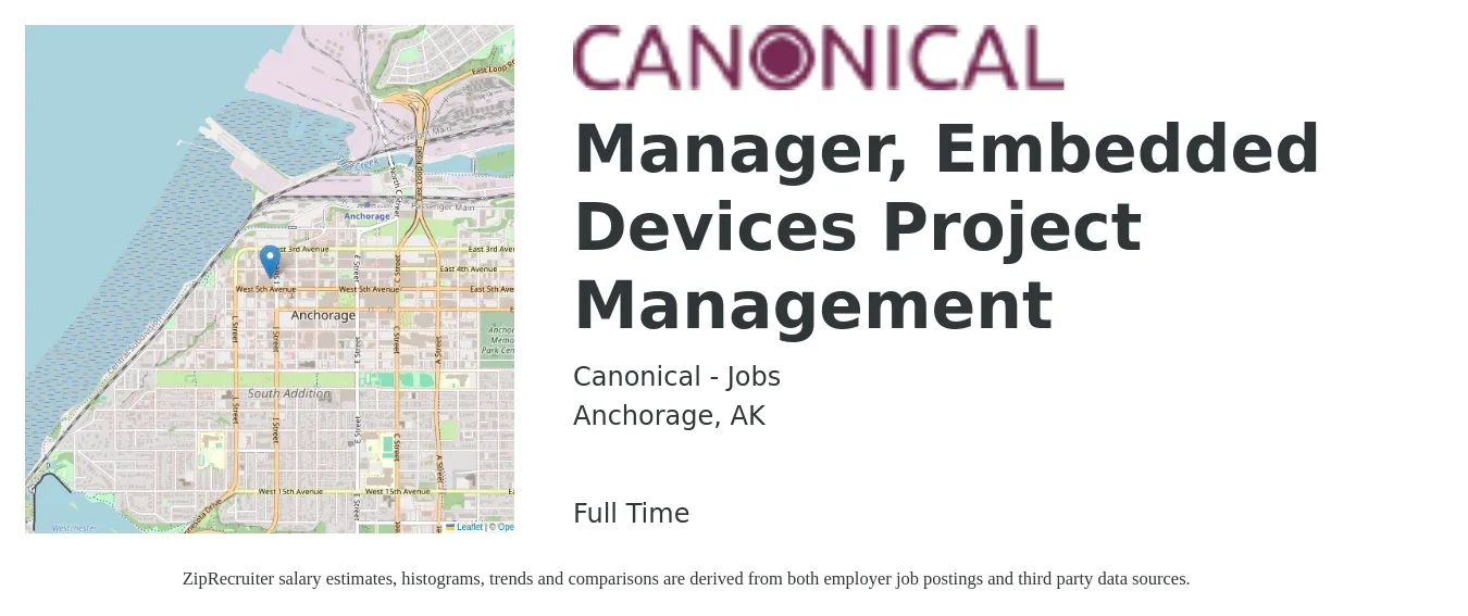 Canonical - Jobs job posting for a Manager, Embedded Devices Project Management in Anchorage, AK with a salary of $79,700 to $127,700 Yearly with a map of Anchorage location.