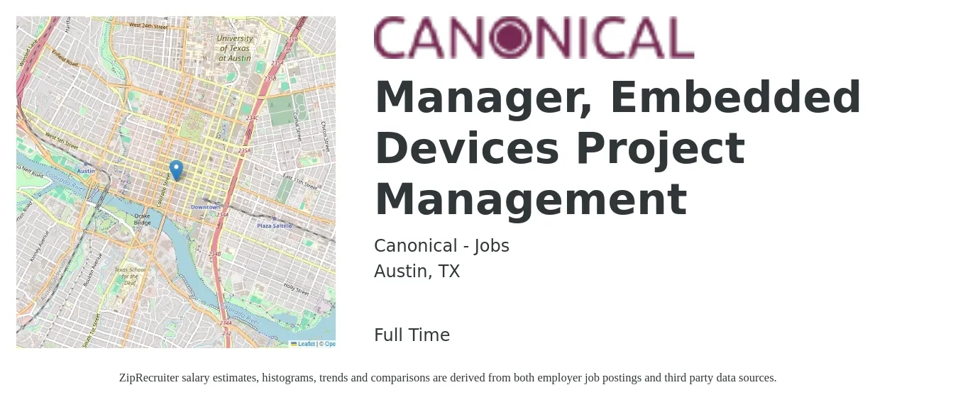 Canonical - Jobs job posting for a Manager, Embedded Devices Project Management in Austin, TX with a salary of $77,300 to $123,900 Yearly with a map of Austin location.
