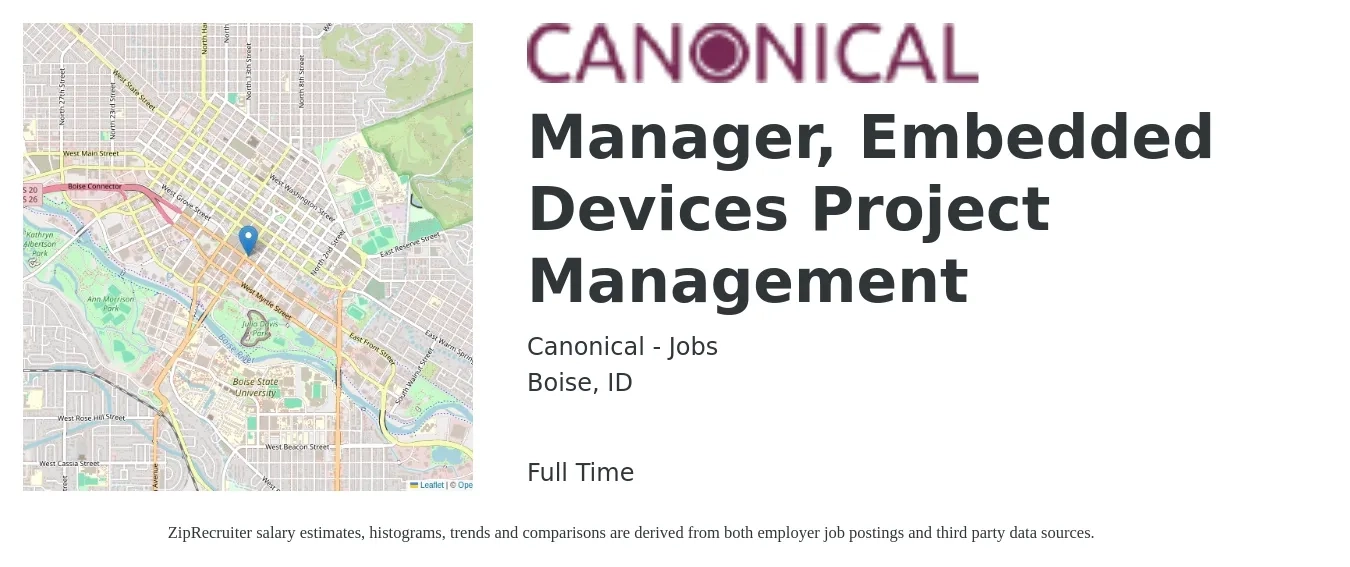 Canonical - Jobs job posting for a Manager, Embedded Devices Project Management in Boise, ID with a salary of $74,200 to $119,000 Yearly with a map of Boise location.
