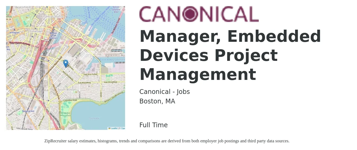 Canonical - Jobs job posting for a Manager, Embedded Devices Project Management in Boston, MA with a salary of $84,700 to $135,800 Yearly with a map of Boston location.