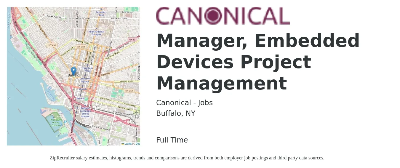 Canonical - Jobs job posting for a Manager, Embedded Devices Project Management in Buffalo, NY with a salary of $75,600 to $121,100 Yearly with a map of Buffalo location.
