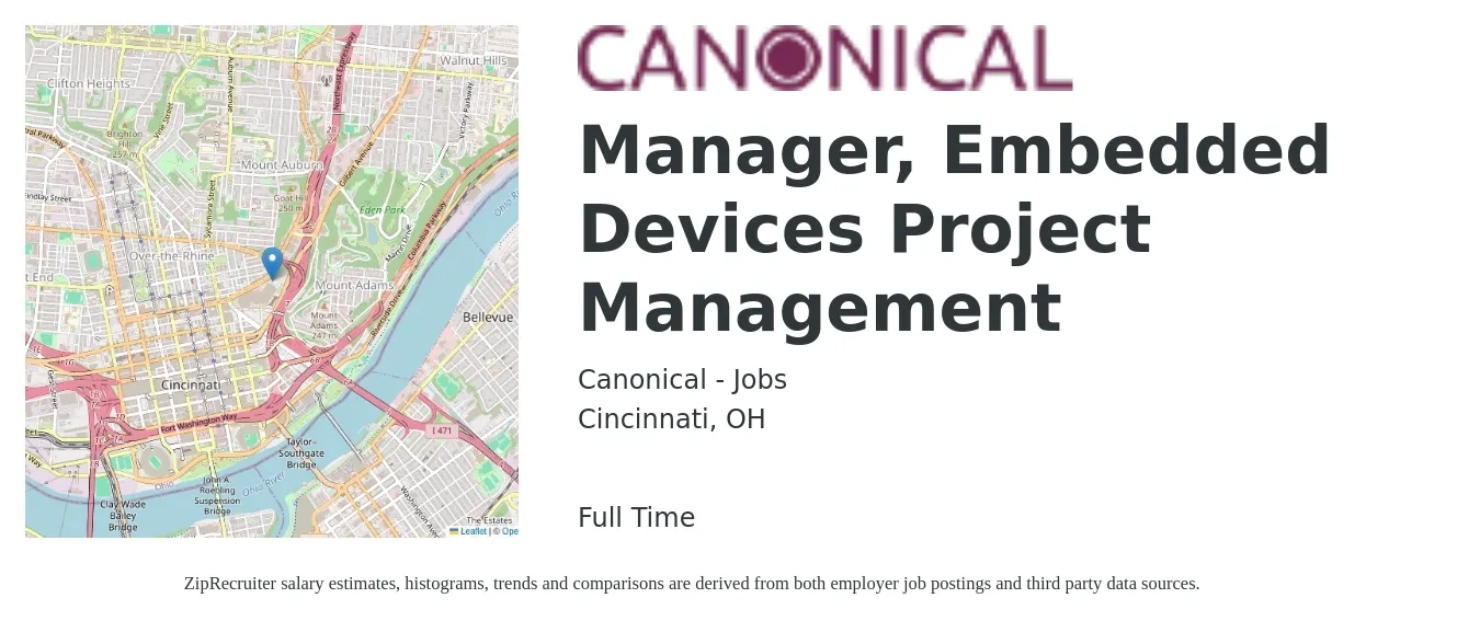 Canonical - Jobs job posting for a Manager, Embedded Devices Project Management in Cincinnati, OH with a salary of $74,800 to $119,900 Yearly with a map of Cincinnati location.