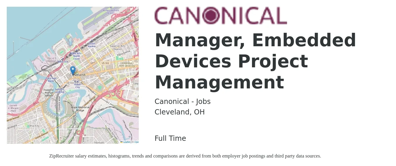 Canonical - Jobs job posting for a Manager, Embedded Devices Project Management in Cleveland, OH with a salary of $75,600 to $121,200 Yearly with a map of Cleveland location.