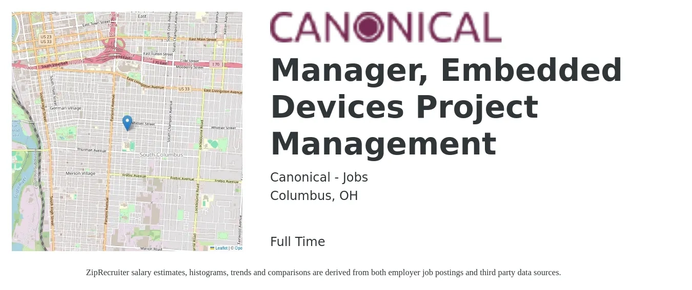 Canonical - Jobs job posting for a Manager, Embedded Devices Project Management in Columbus, OH with a salary of $75,300 to $120,700 Yearly with a map of Columbus location.