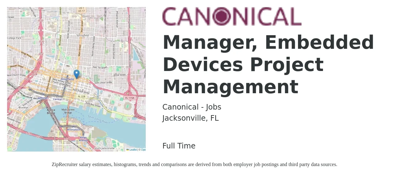 Canonical - Jobs job posting for a Manager, Embedded Devices Project Management in Jacksonville, FL with a salary of $72,300 to $115,800 Yearly with a map of Jacksonville location.