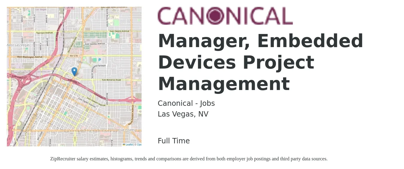 Canonical - Jobs job posting for a Manager, Embedded Devices Project Management in Las Vegas, NV with a salary of $74,500 to $119,400 Yearly with a map of Las Vegas location.