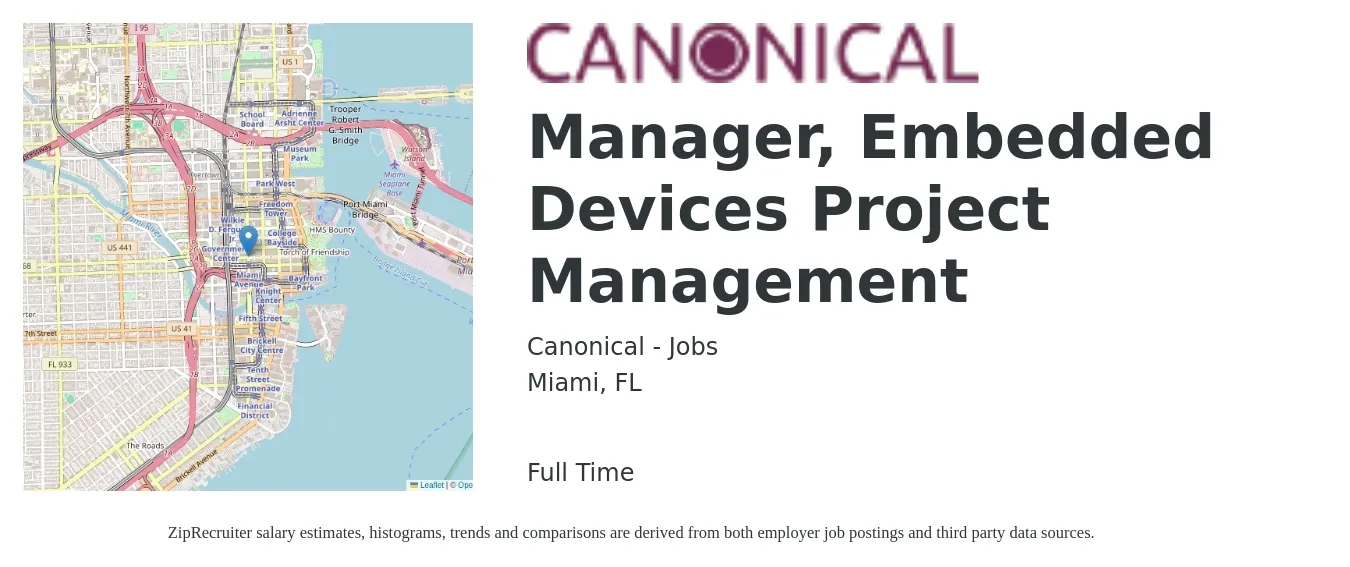 Canonical - Jobs job posting for a Manager, Embedded Devices Project Management in Miami, FL with a salary of $74,600 to $119,600 Yearly with a map of Miami location.