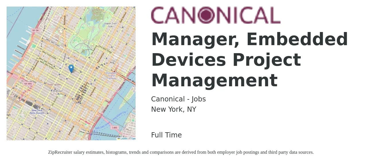 Canonical - Jobs job posting for a Manager, Embedded Devices Project Management in New York, NY with a salary of $85,300 to $136,800 Yearly with a map of New York location.