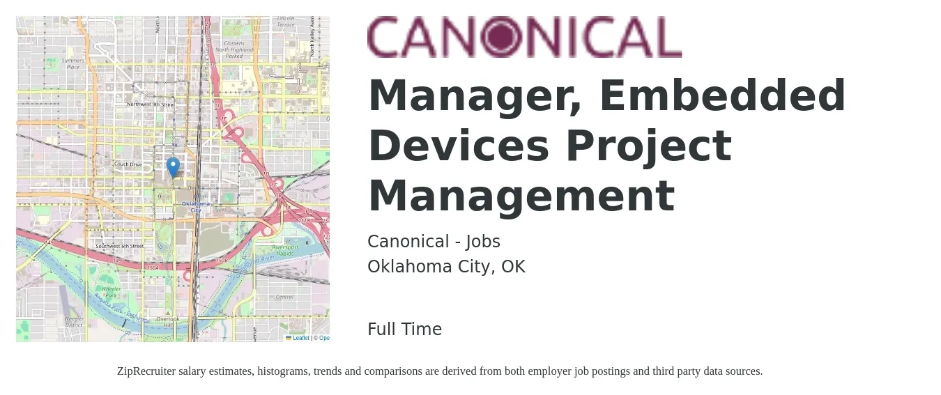 Canonical - Jobs job posting for a Manager, Embedded Devices Project Management in Oklahoma City, OK with a salary of $72,500 to $116,100 Yearly with a map of Oklahoma City location.