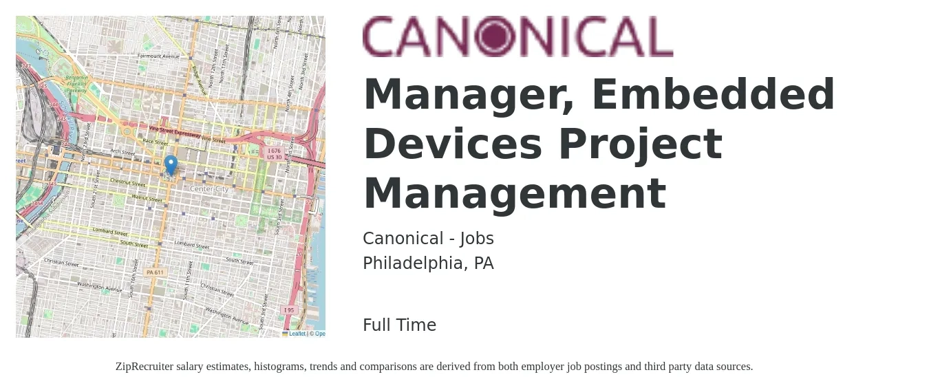 Canonical - Jobs job posting for a Manager, Embedded Devices Project Management in Philadelphia, PA with a salary of $78,700 to $126,100 Yearly with a map of Philadelphia location.