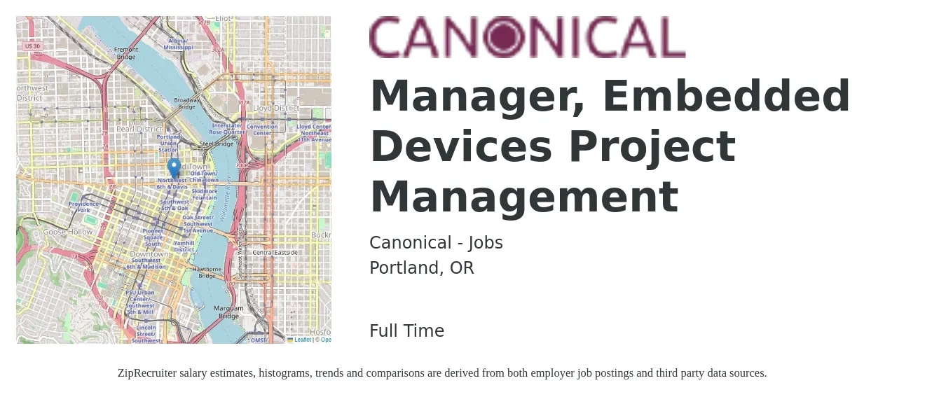 Canonical - Jobs job posting for a Manager, Embedded Devices Project Management in Portland, OR with a salary of $82,700 to $132,600 Yearly with a map of Portland location.