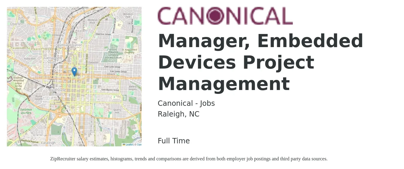 Canonical - Jobs job posting for a Manager, Embedded Devices Project Management in Raleigh, NC with a salary of $75,800 to $121,500 Yearly with a map of Raleigh location.