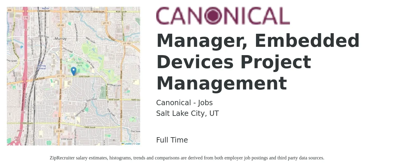Canonical - Jobs job posting for a Manager, Embedded Devices Project Management in Salt Lake City, UT with a salary of $75,500 to $121,000 Yearly with a map of Salt Lake City location.