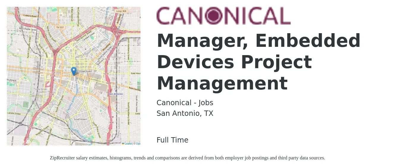 Canonical - Jobs job posting for a Manager, Embedded Devices Project Management in San Antonio, TX with a salary of $70,400 to $112,700 Yearly with a map of San Antonio location.