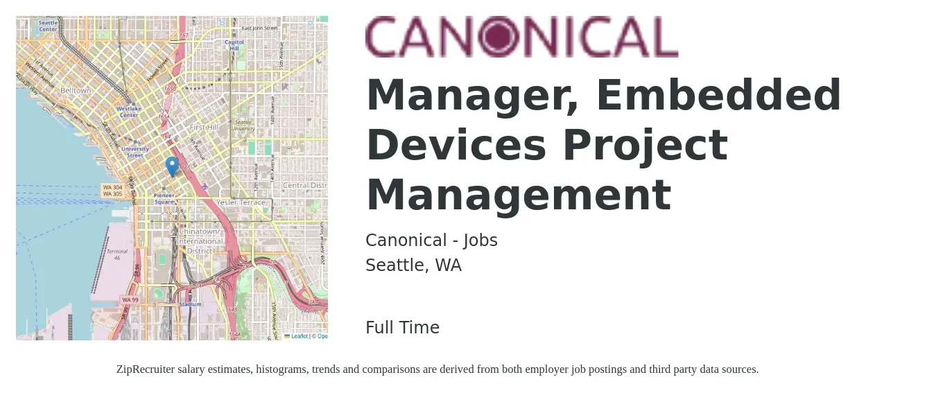 Canonical - Jobs job posting for a Manager, Embedded Devices Project Management in Seattle, WA with a salary of $88,800 to $142,300 Yearly with a map of Seattle location.