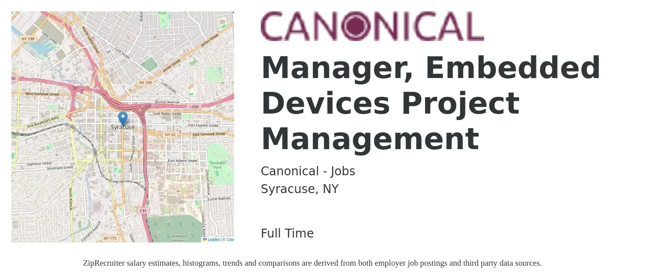 Canonical - Jobs job posting for a Manager, Embedded Devices Project Management in Syracuse, NY with a salary of $77,100 to $123,500 Yearly with a map of Syracuse location.