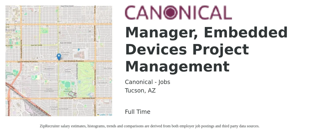 Canonical - Jobs job posting for a Manager, Embedded Devices Project Management in Tucson, AZ with a salary of $73,700 to $118,200 Yearly with a map of Tucson location.