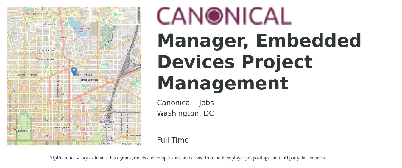 Canonical - Jobs job posting for a Manager, Embedded Devices Project Management in Washington, DC with a salary of $88,300 to $141,600 Yearly with a map of Washington location.