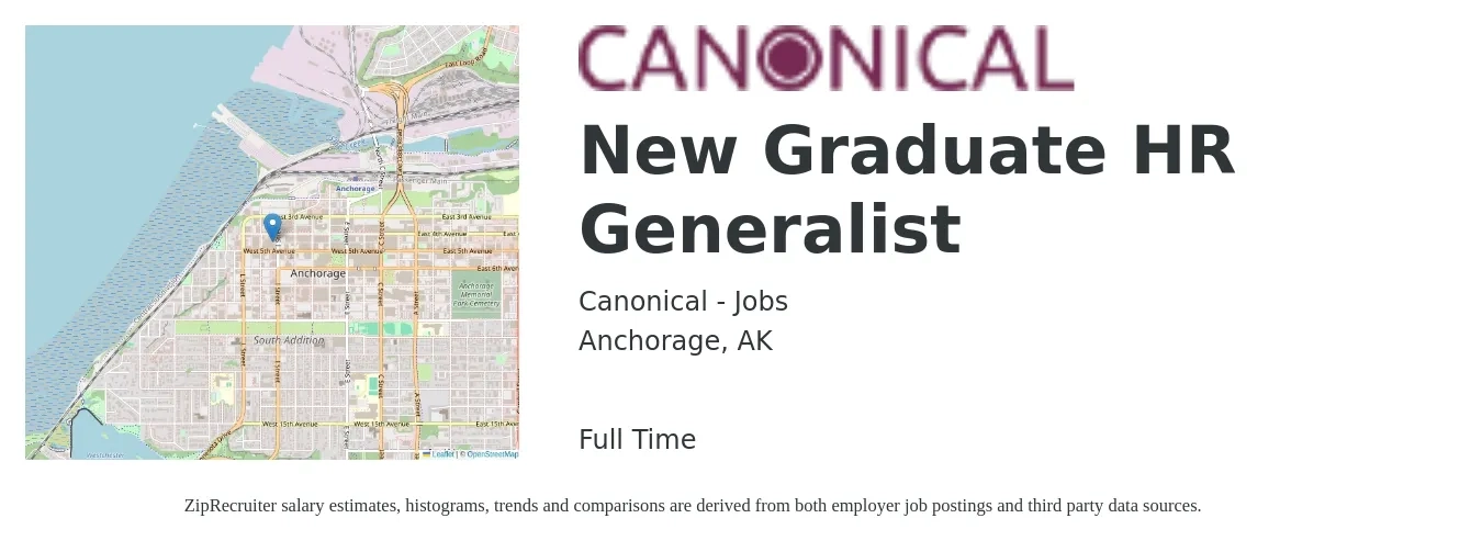 Canonical - Jobs job posting for a New Graduate HR Generalist in Anchorage, AK with a salary of $53,100 to $75,600 Yearly with a map of Anchorage location.